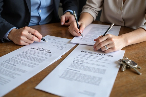 Couple signing mortgage documents with loan officer