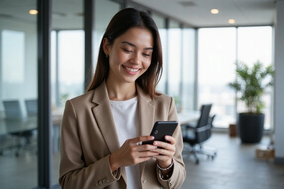 Happy customer using mobile banking app