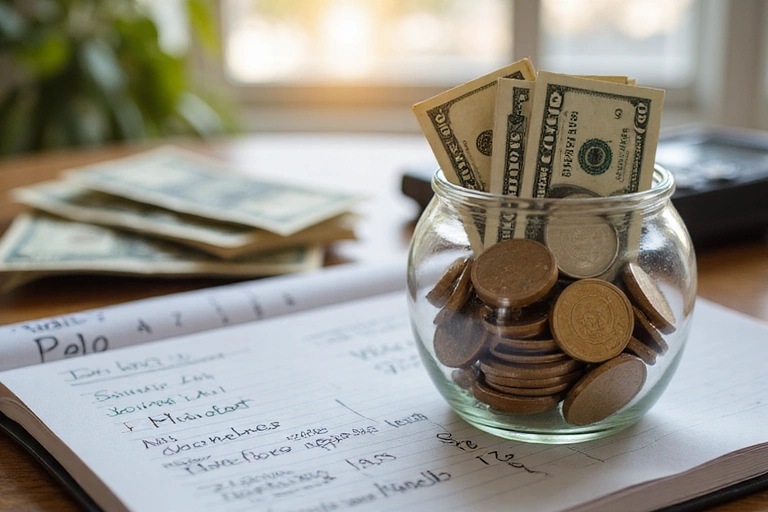Piggy bank with coins and dollar bills